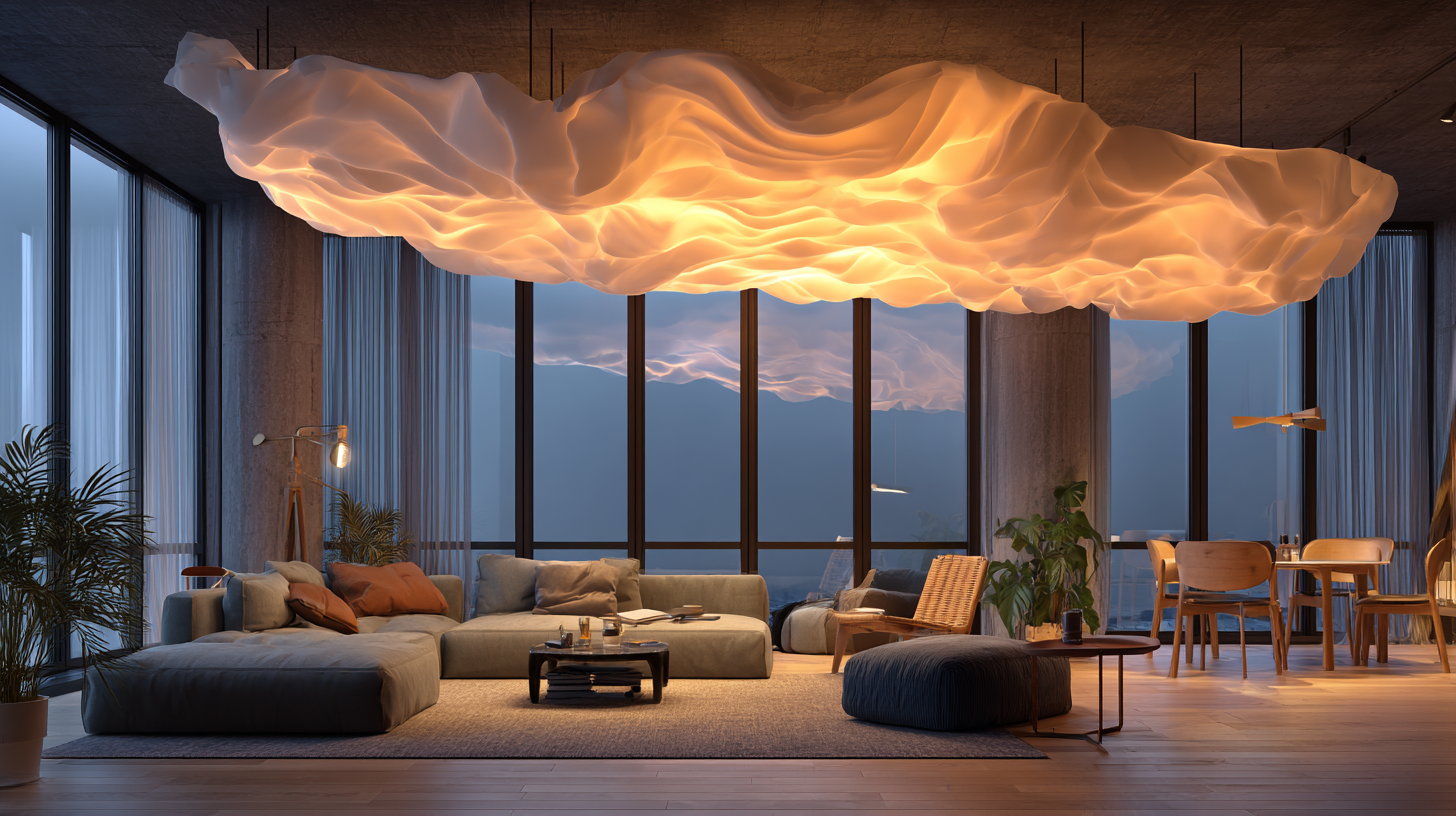Wohnraum mit FlexiCloud-Deckenwolke, organische Wellenform, warmes Licht